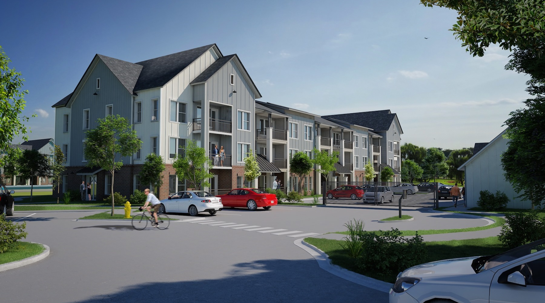 a multistory building with cars in front of it